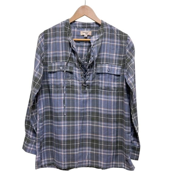 Triple Five Soul Gray Green Flannel Lace Up Front Long Sleeve Top Size L - Picture 1 of 4